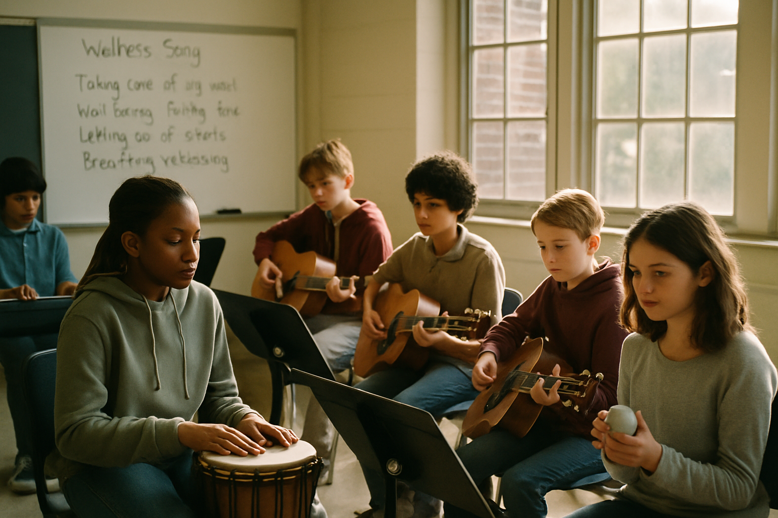 Candid documentary photograph of a diverse middle school music classroom where students aged 11-14 explore wellness thro