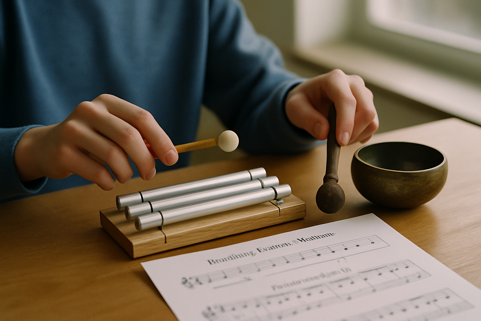 Photograph showing hands of a high school student gently striking wooden chimes and a small singing bowl