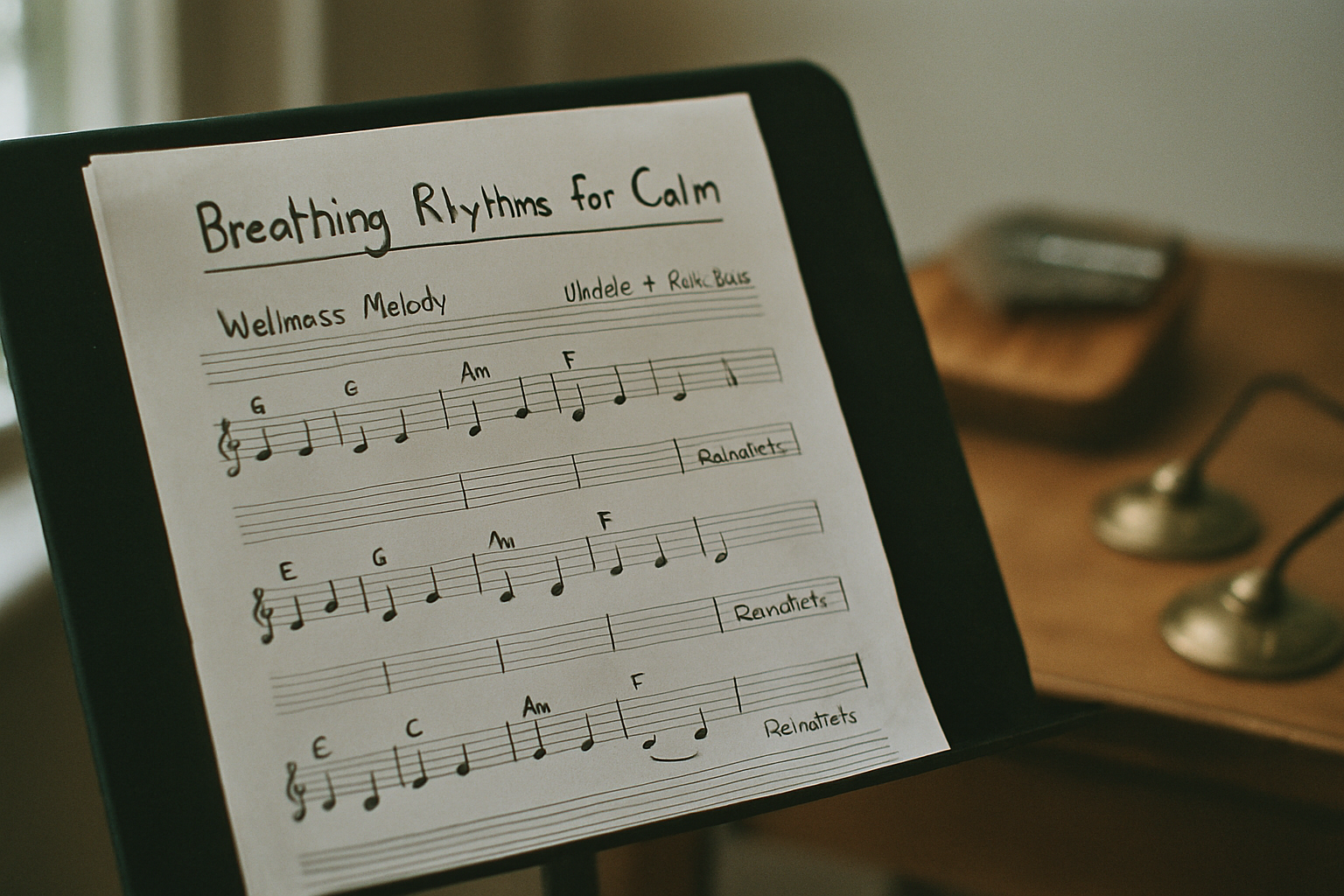 Candid documentary photograph of a handwritten musical score titled 'Breathing Rhythms for Calm' created by a student