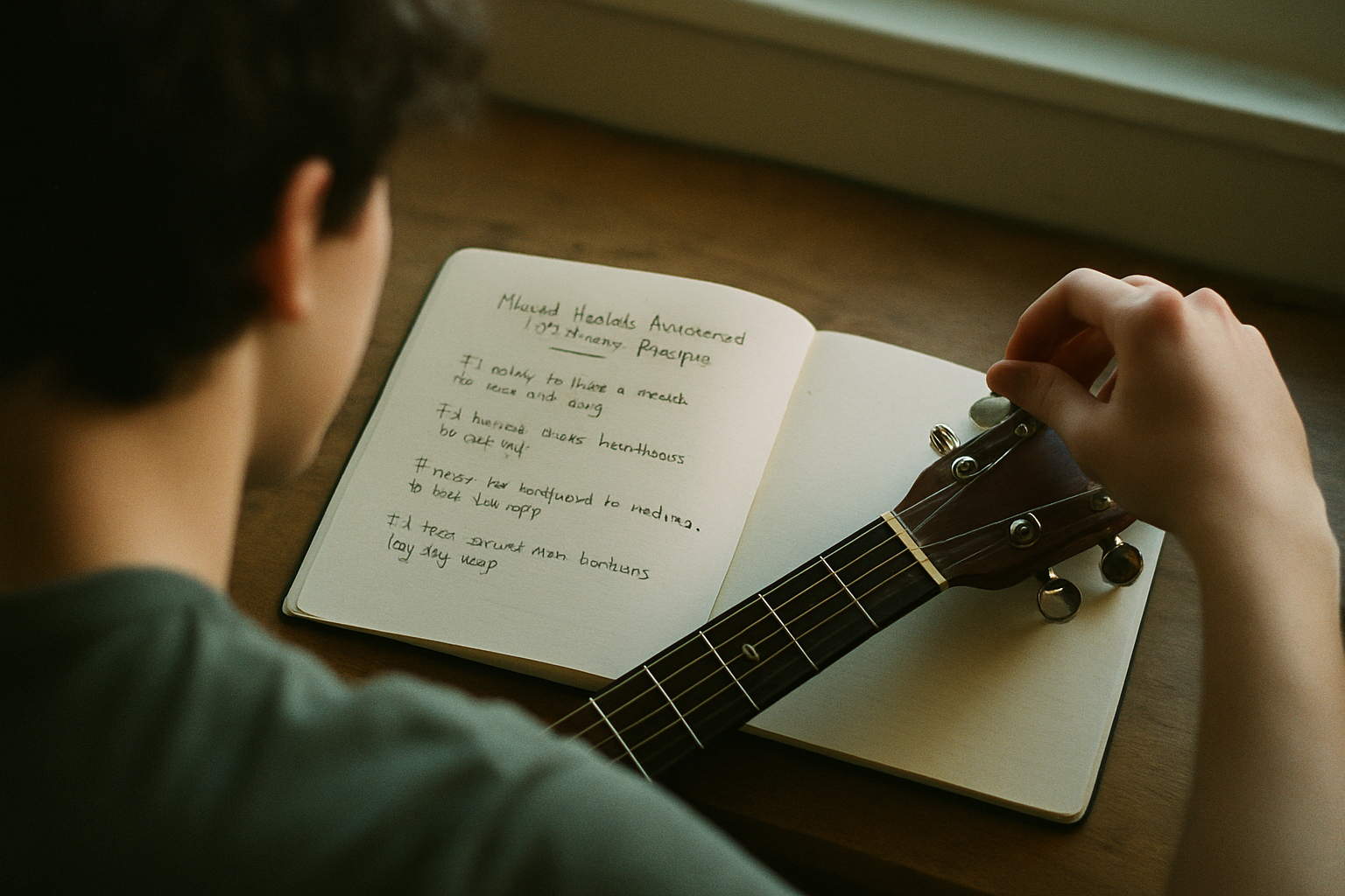 Photograph taken from over the shoulder of a teenage student as they tune an acoustic guitar while reading lyrics they'v