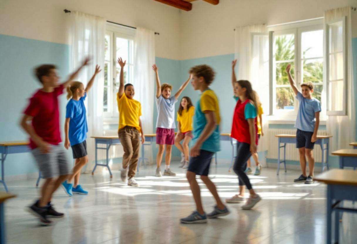 Preteens ages 10 to 13 in colorful t-shirts and shorts practicing synchronized dance movements mid-flash mob rehearsal